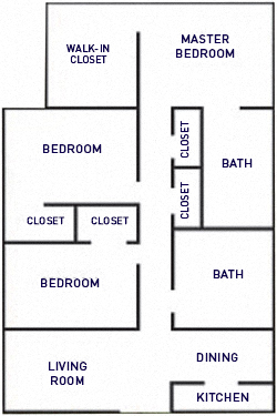 Floor plan for 3 beds, 2 baths, 1020 sqft